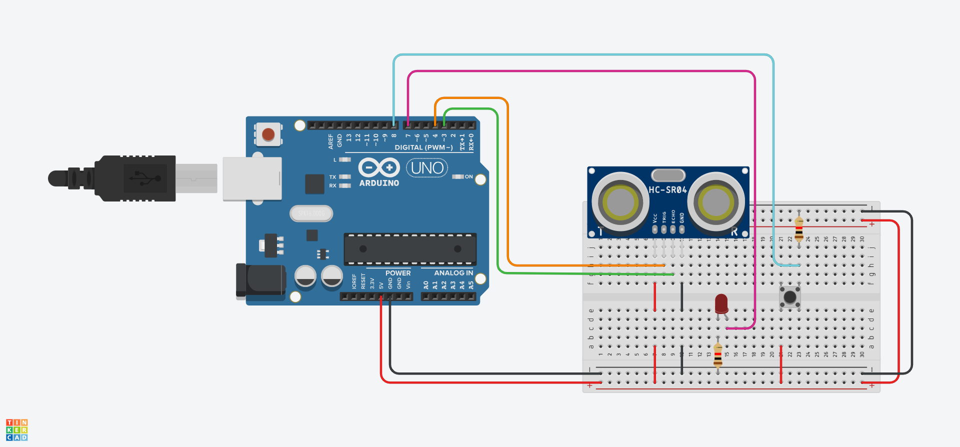 A red LED has been added to the breadboard with a resistor connecting it to the negative rail and a wire connecting it to pin 7 of the Arduino. A pushbutton has also been added with a resistor connecting it to the top negative rail, a wire to the bottom positive, and another wire to pin 8 on the Arduino.