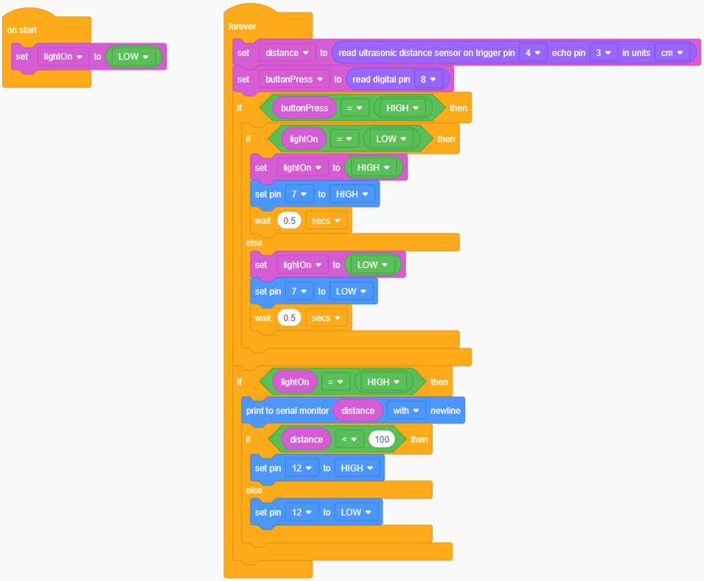 In the if statement for when lightOn = HIGH, after the serial monitor block, there is an if statement for when the distance is less than 100 which sets pin 12 to HIGH and a connected else statement which sets pin 12 to LOW.