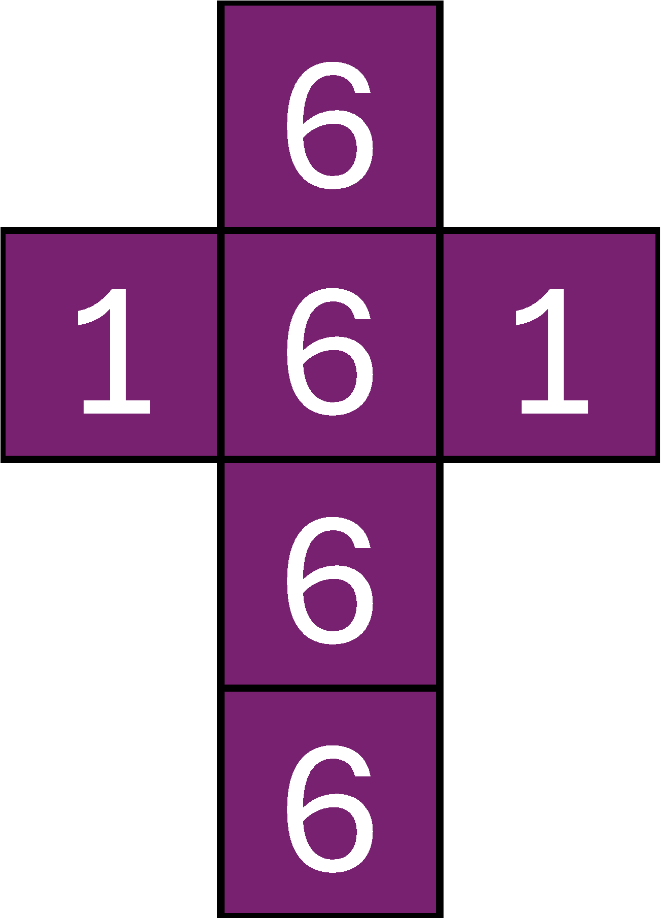 A purple dice template where four of the sides show the number 6, whilst the other two show the number 1.