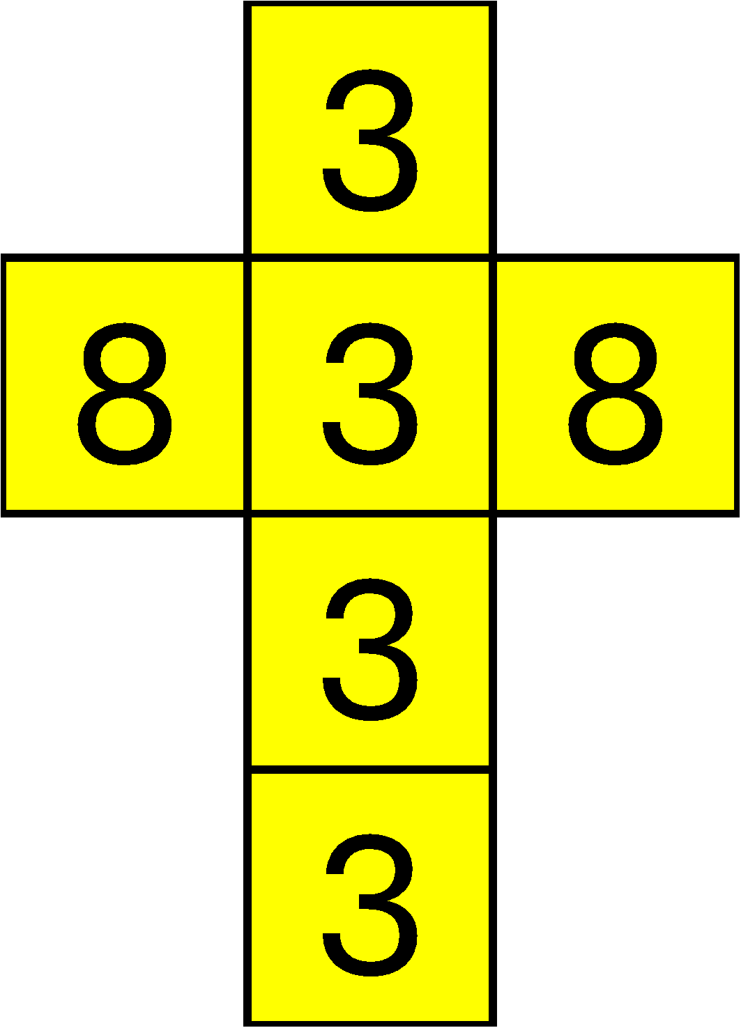 A yellow dice template where four of the sides show the number 3, whilst the other two show the number 8.