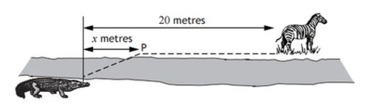 There is a river, on the near bank, to the left, is a crocodile. On the far bank and 20 metres to the right of the crocodile, is a zebra.