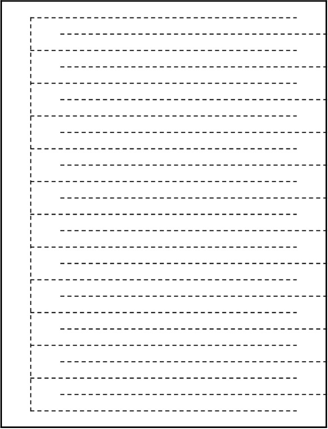 Template for how to make a loop out of A4 paper big enough to step through. Draw a line down the paper, 1cm from the left edge, starting 5mm from the top and ending 5mm from the bottom. Every 1cm (roughly) down this line, draw a horizontal line from the first line to 1cm before the right edge. In the middle at the points exactly between each of these lines, draw a line from the right edge to 1cm from your vertical line. When finished, cut along these lines.