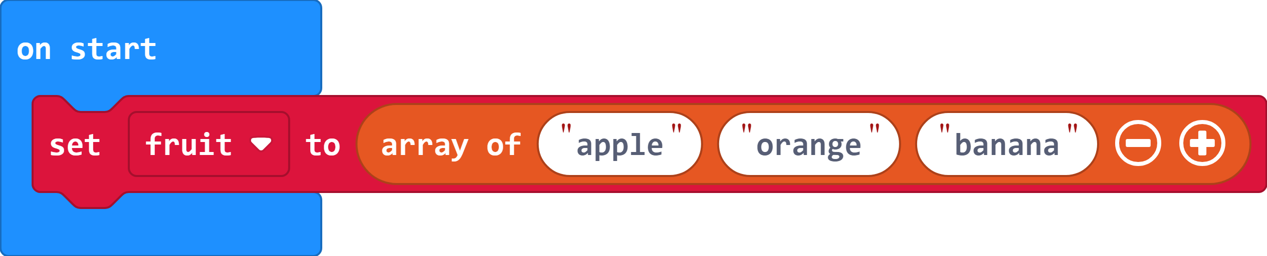 An 'on start' block containing a 'set text list to array of apple orange banana' block.