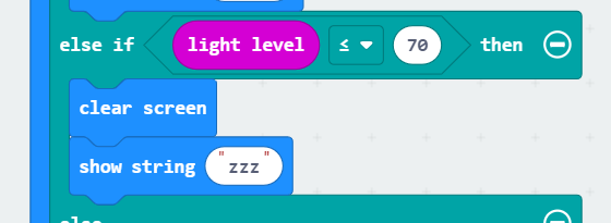 A new 'else if light level ≤ 70 then' section containing a 'clear screen' and a 'show string 'zzz'' block.