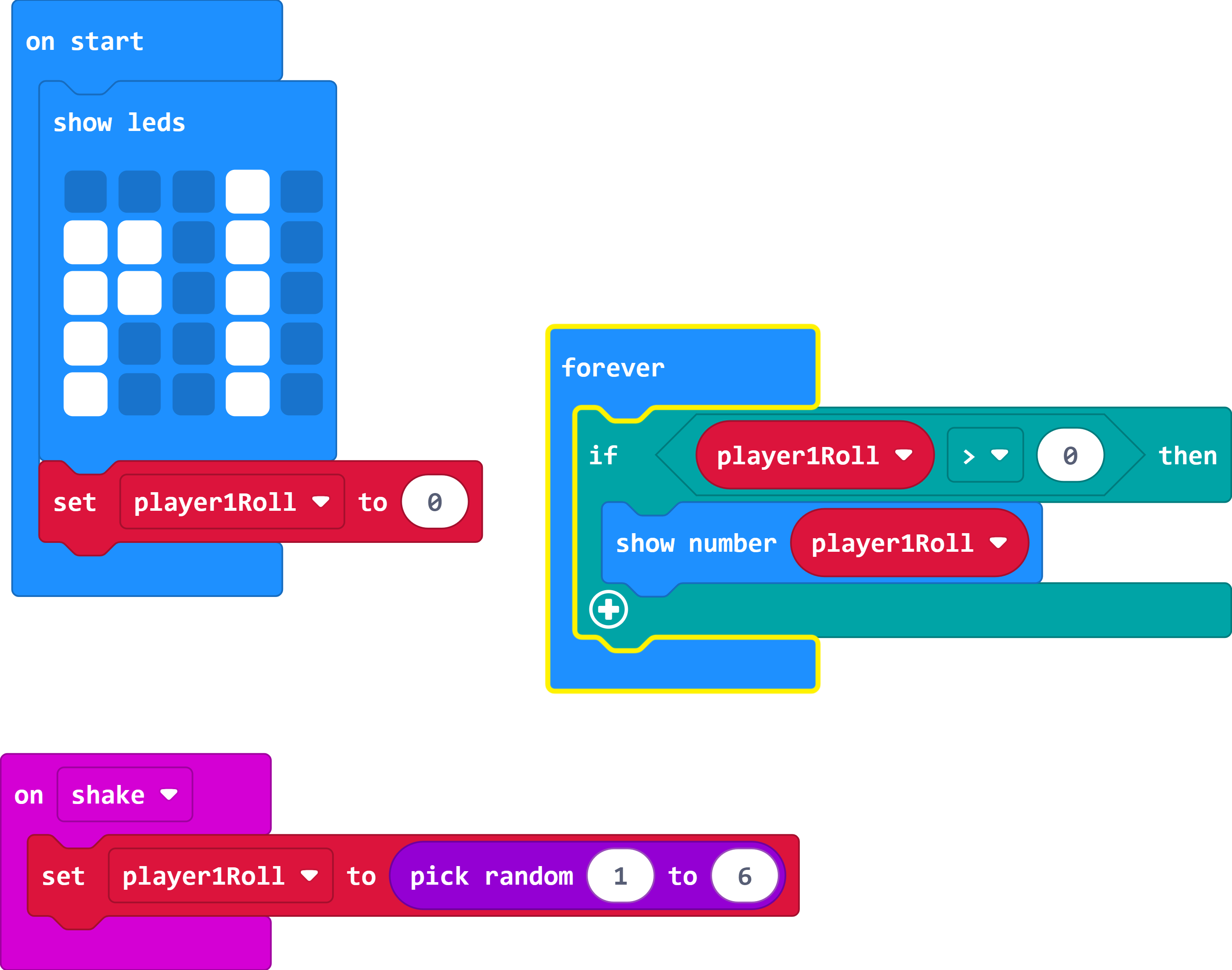 The 'on start' loop contains a 'show leds' block with p1 displayed and a 'set player1Roll to 0' block. The forever loop contains an 'if player1Roll > 0 then' statement with a 'show number player1Roll' inside. There is also an 'on shake' loop which holds a 'set player1Roll to pick random 1 to 6' block.