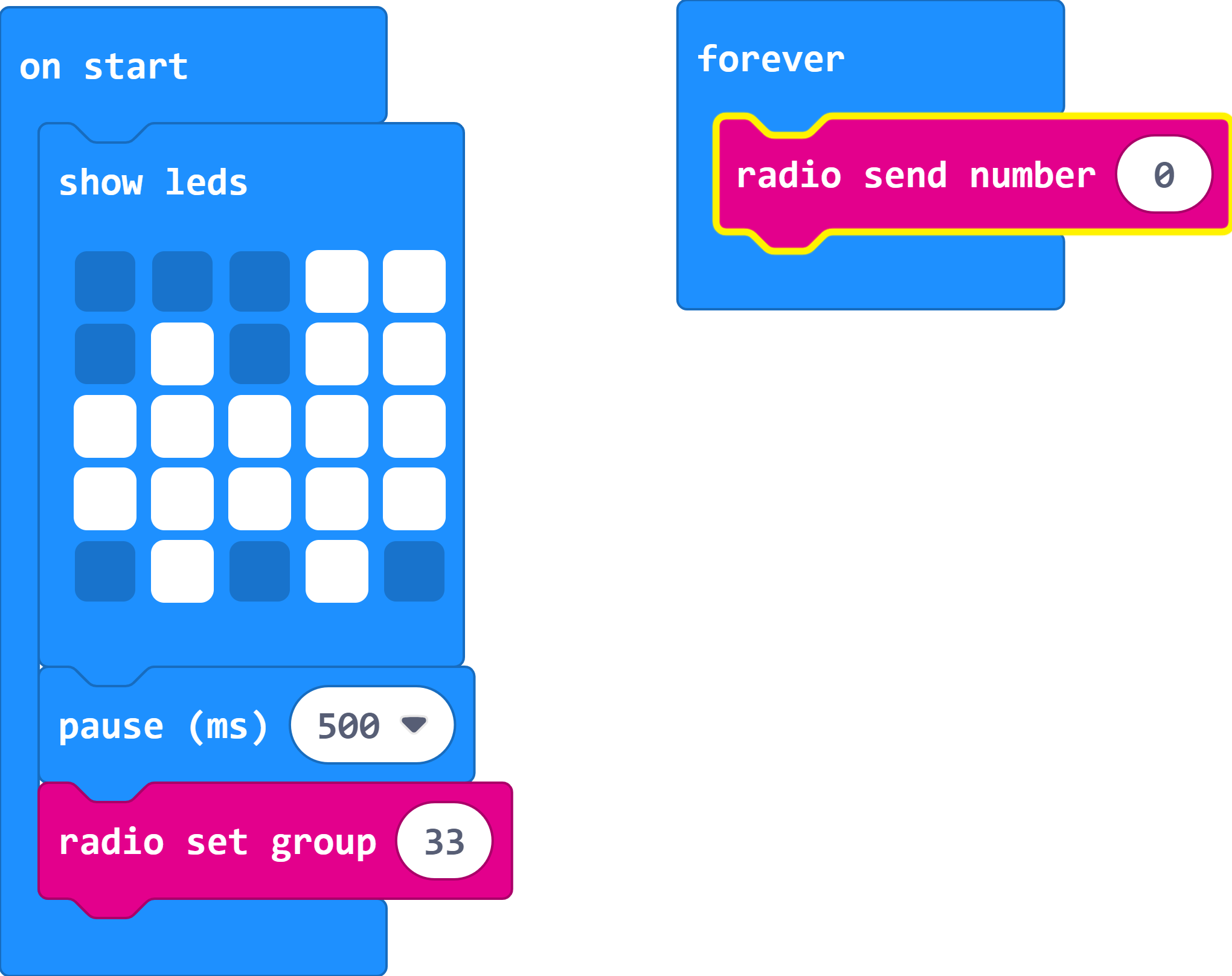 A 'radio set group 33' block has been added to the 'on start' program. There is now a 'forever' loop containing a 'radio send number 0' block.