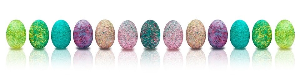 A line-up of painted egg eggshells