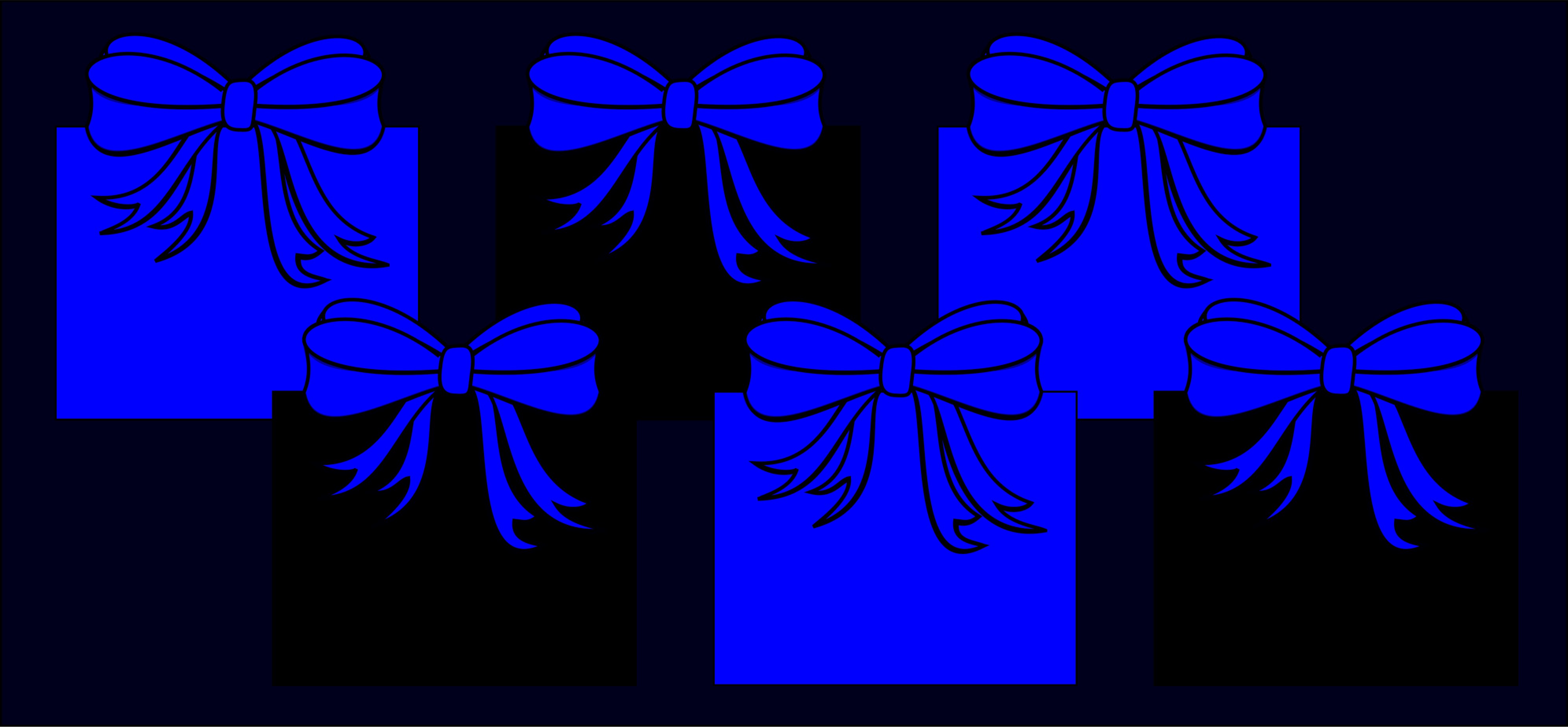 Six presents shown under blue light. The top row of 3 presents under blue light show as blue, black, and blue (left to right). The bottom row of 3 presents show as black, blue, and black (left to right)