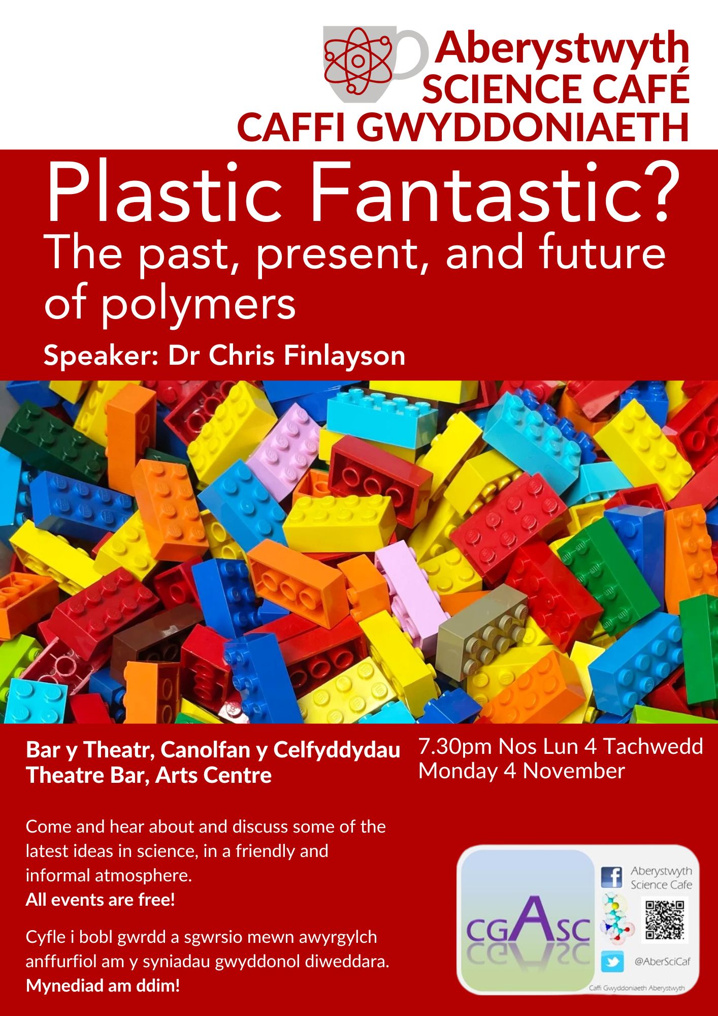 Aberystwyth Science Café. Plastic Fantastic? The past, present, and future of polyers. Speaker: Dr Chris Finlayson. Theatre Bar, Arts Centre, Aberystwyth. 7:30pm Monday 4th November. Come and hear about and discuss some of the latest ideas in science, in a friendly and informal atmosphere. All events are free! Facebook: Aberystwyth Scince Cafe. X/Twitter: @AberSciCaf