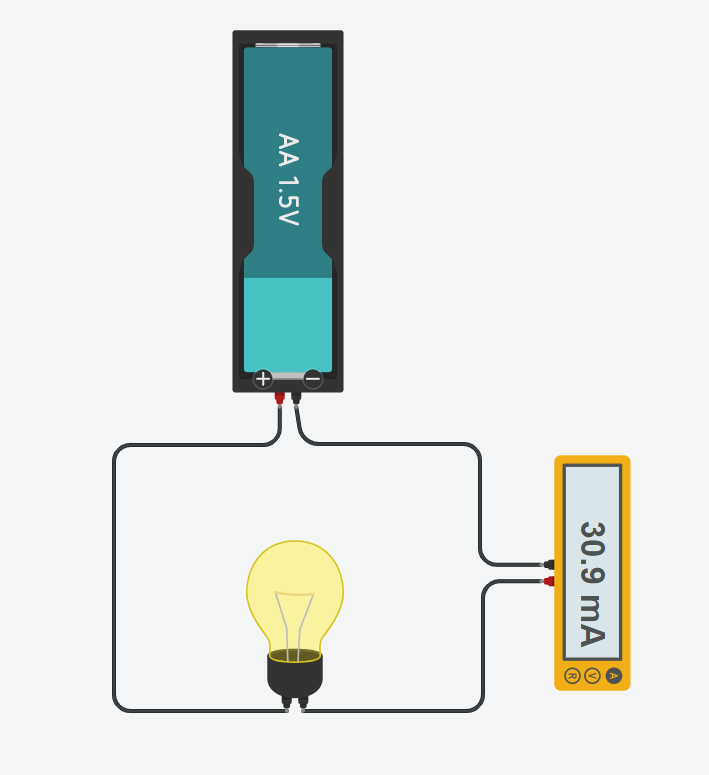 A circuit with one battery, a filament lightbulb and an Ammeter