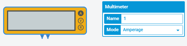 The TinkerCad Multimeter and settings menu showing the Mode as Amperage.