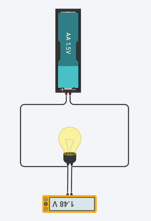 A circuit containing a battery and a lightbulb with a Voltmeter connected to each terminal of the lightbulb