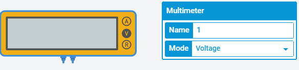 The TinkerCad Multimeter and settings menu showing the Mode as Voltage.