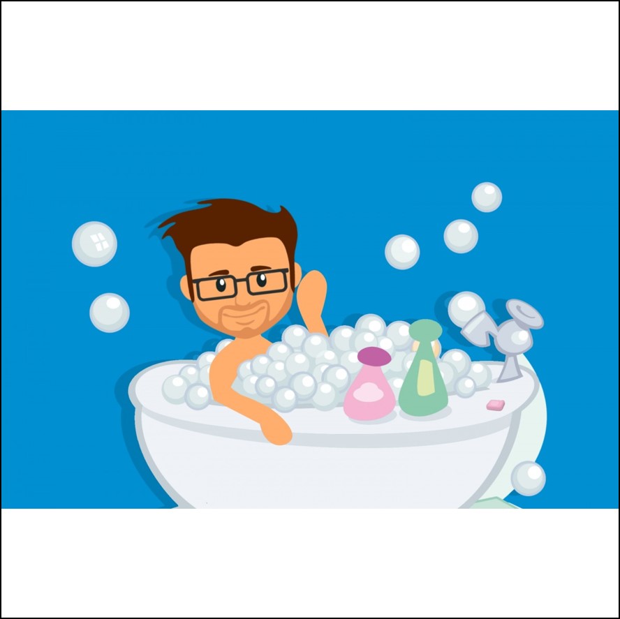 A cartoon of a man in a bathtub with a rubber duck and bottles of products