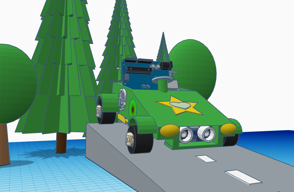 A green racecar infront of some trees.