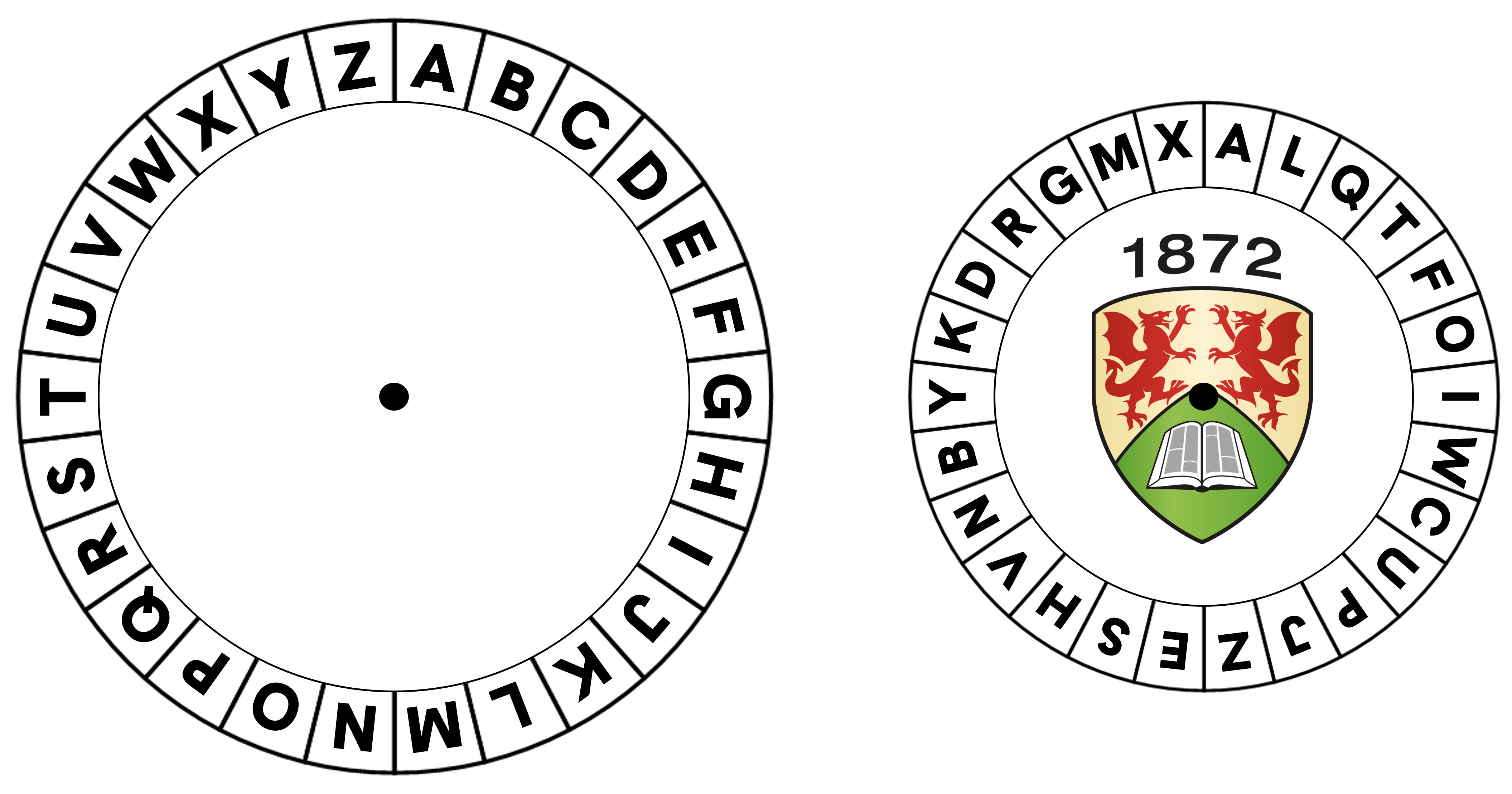 Decoder wheel. The outer ring shows the alphabet from A-Z. The inner ring shows each letter of the alphabet in a scrambled order of: A, L, Q, T, F, O, I, W, C, U, P, J, Z, E, S, H, V, N, B, Y, K, D, R, G, M, X.