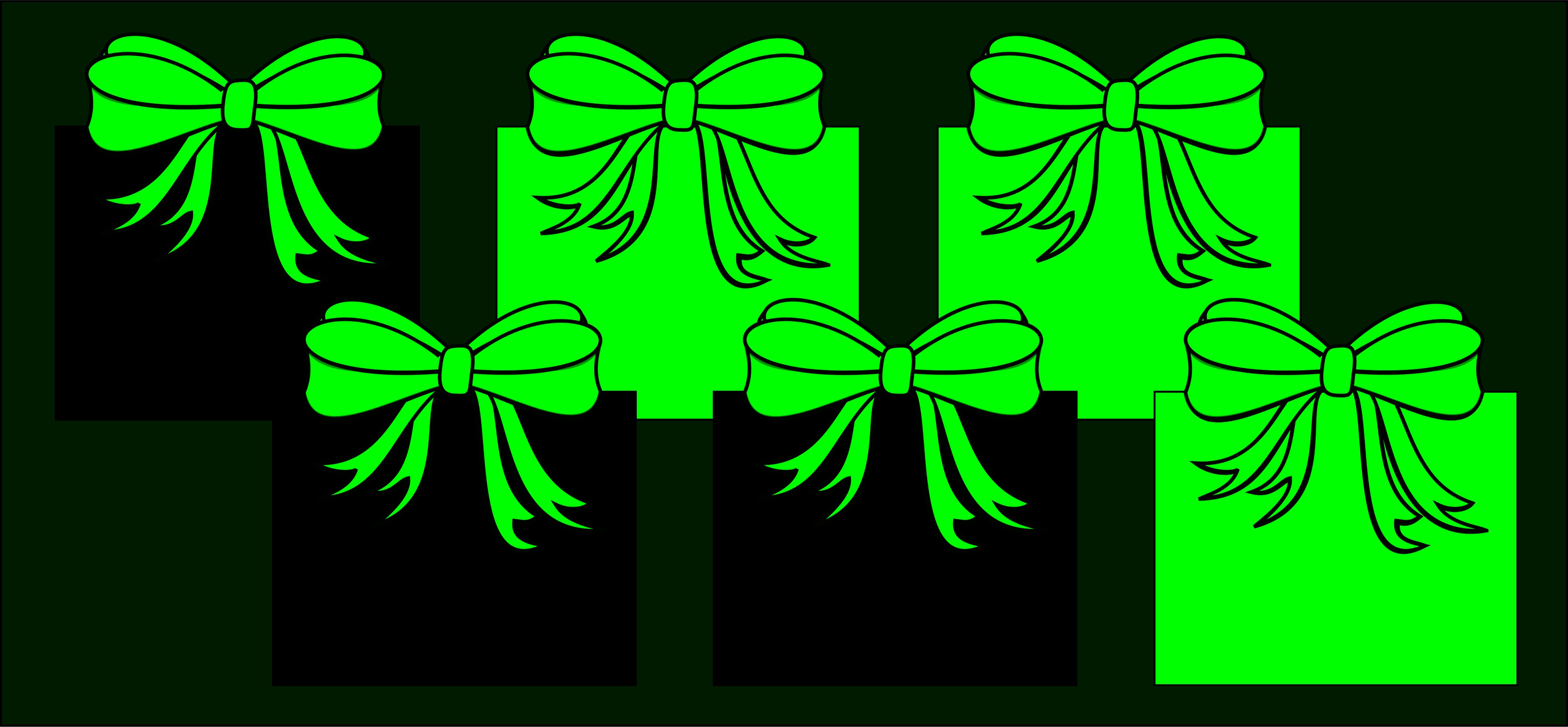 Six presents shown under green light. The top row of 3 presents under green light show as black, green, and green (left to right). The bottom row of 3 presents show as black, black, and green (left to right)