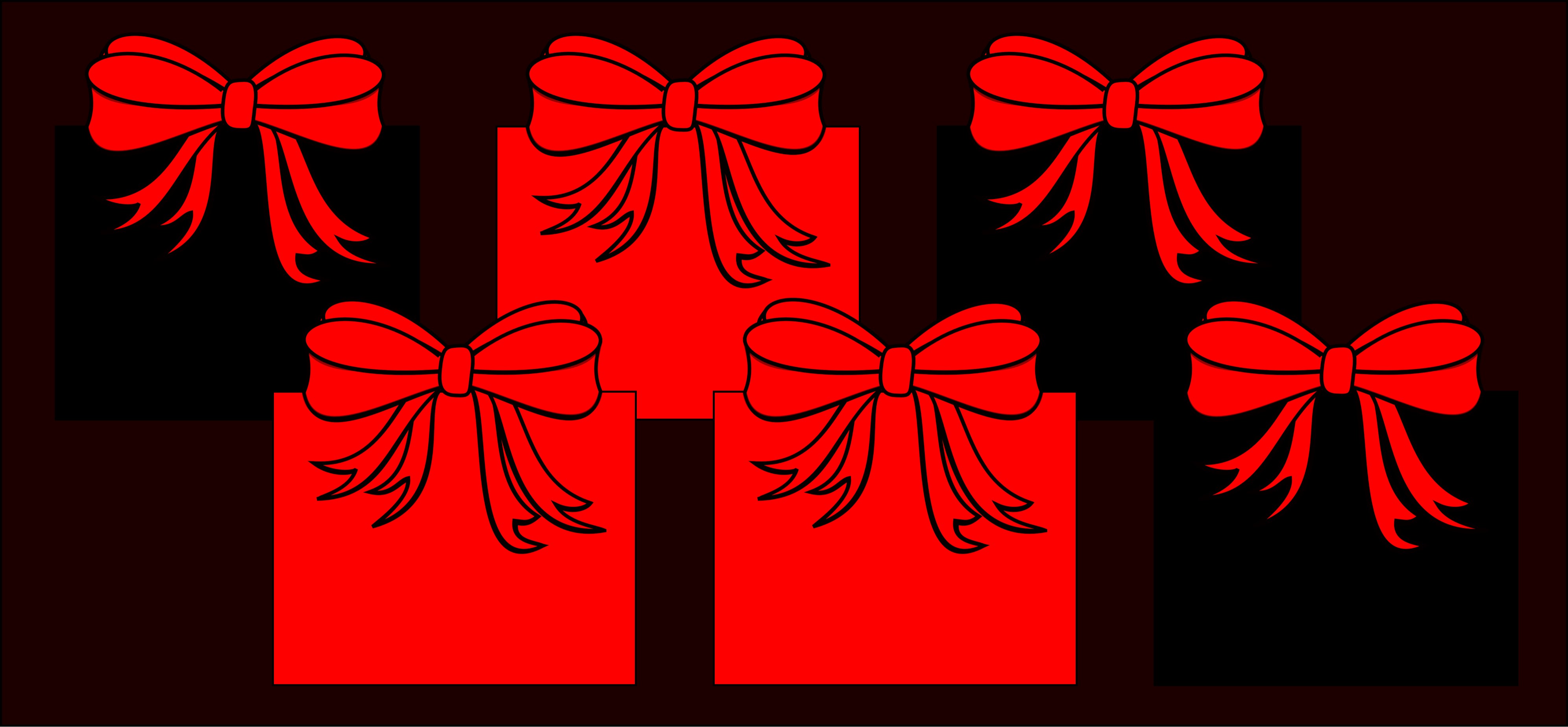 Six presents shown under red light. The top row of 3 presents under red light show as black, red, and black (left to right). The bottom row of 3 presents show as red, red, and black (left to right)