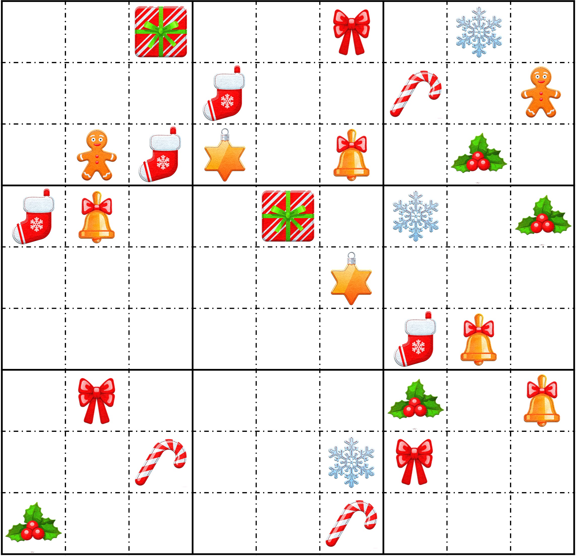 Seasonal Sudoku Puzzle Grid with Christmas images instead of numbers. A screen-reader friendly number version of this grid is available below.