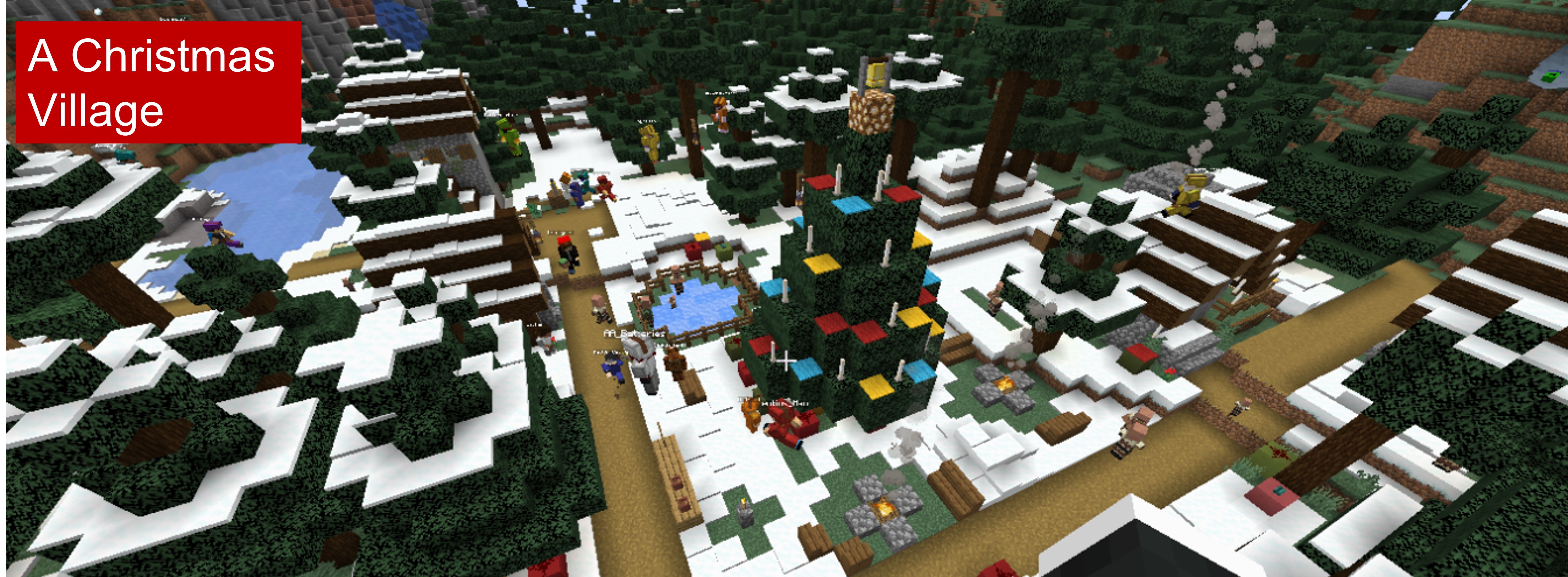 A Minecraft village decorated for Christmas with a colourful tree and an ice rink