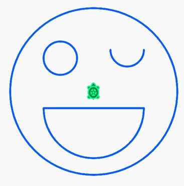 An emoji like design, a circular face with a round left eye, an arc for the right eye to denote winking and a semi-circle for a grin