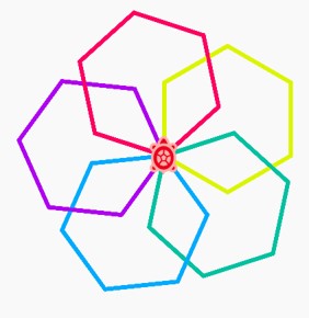 five hexagons overlapping and rotated around a single corner