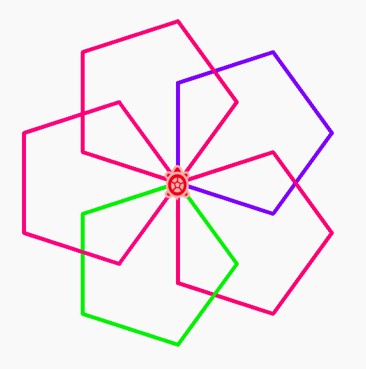 five pentagons overlapping and rotated around a single corner
