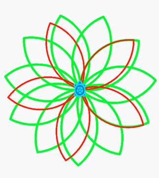 a rotational arrangement of five of one style of petal overlaid onto the same pattern made up of eleven petals of a different size