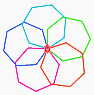 five septagons overlapping and rotated around a single corner