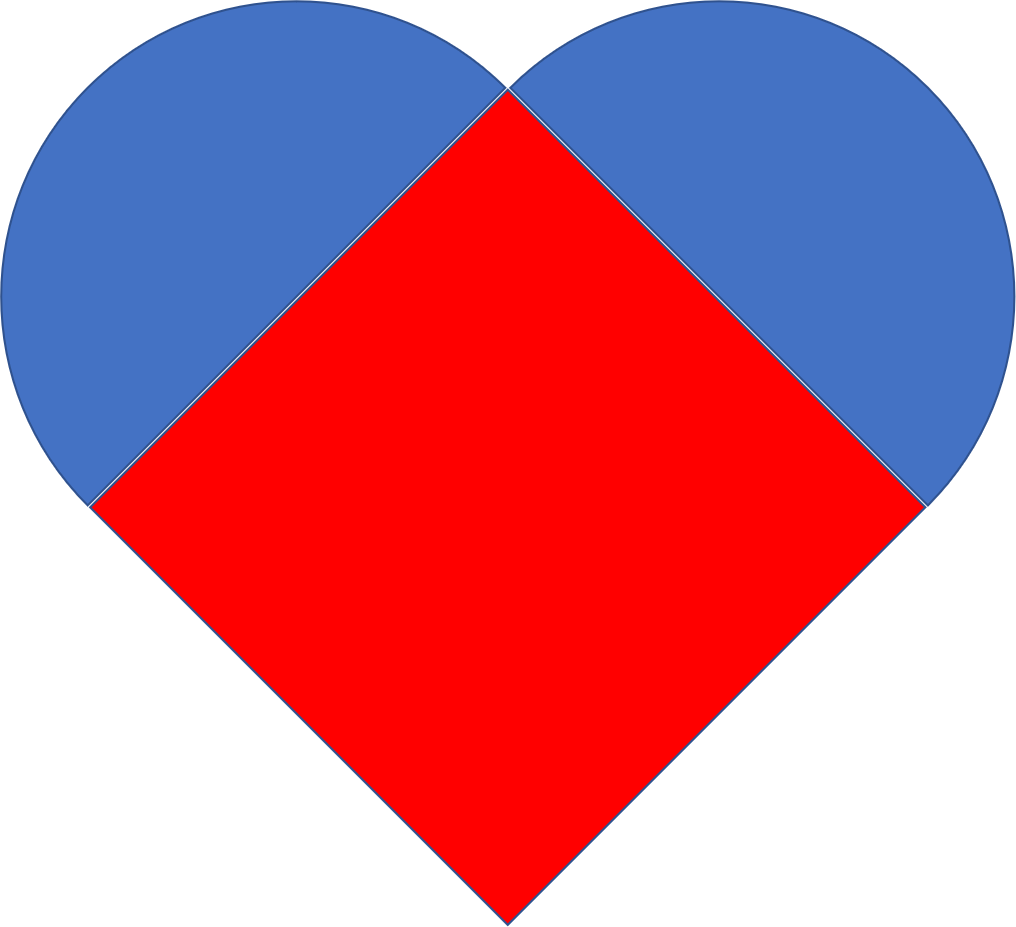 The square rotated to look like a diamond. The semi-circles and then laid with their straight edges along the top two sides of the diamond. The overall affect is a recognisable heart design