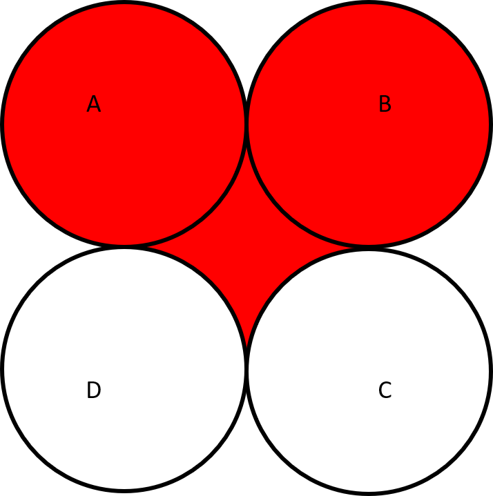 The same shapes and design as for the previous step with the shape formed inside the square by the arcs of the four different circles also highlighted - all these highlighted areas now produce a variation on the heart design